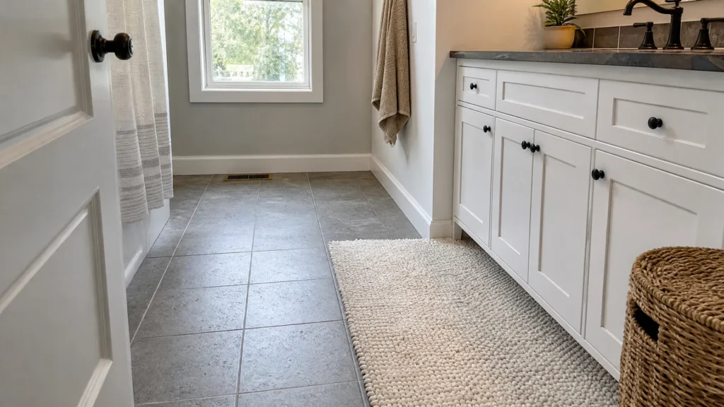 A woven basket and a cream cotton bath mat on a bathroom floor