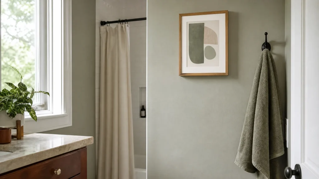 A small framed abstract print in sage and sand tones on a bathroom wall above a towel hook