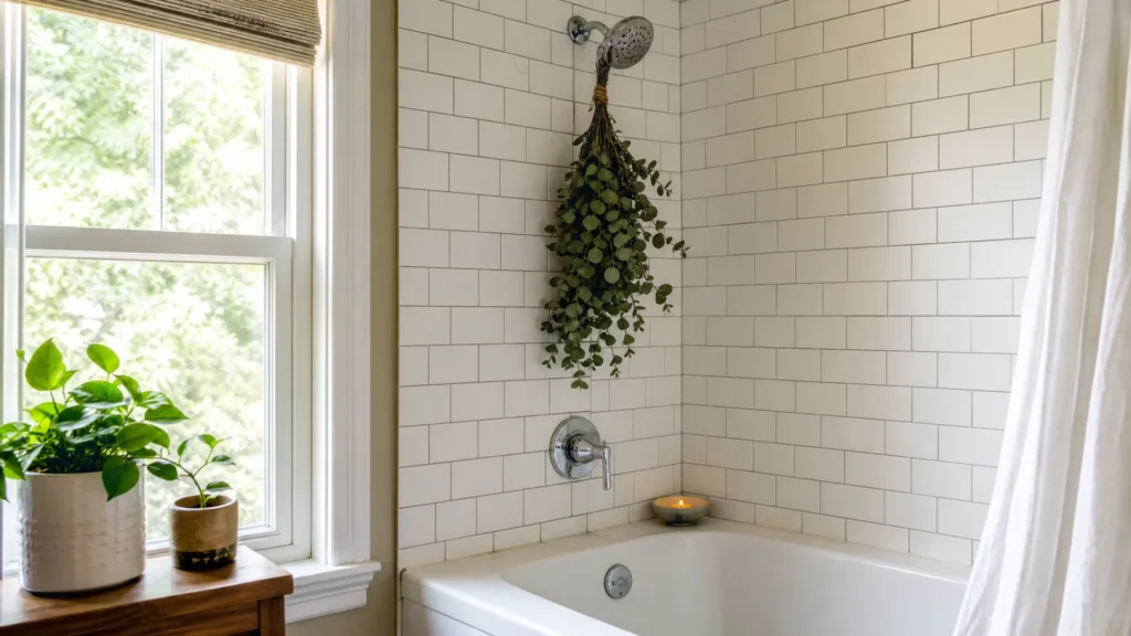 A eucalyptus bundle hanging from a showerhead and a candle on a tub ledge