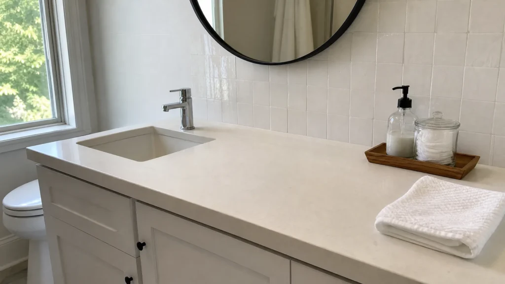 A cleared white bathroom counter with only a small wood tray, a soap dispenser and a folded hand towel