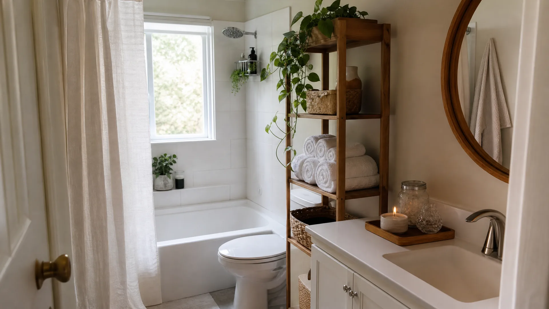 Calm spa bathroom decorating ideas on a budget: rolled white towels, a wood tray, a round mirror and a small plant