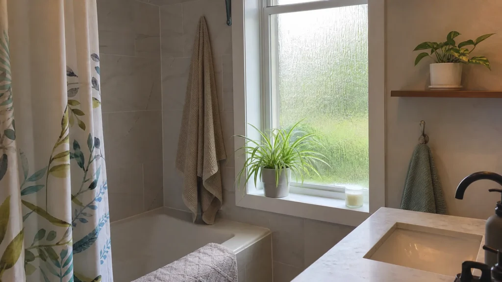 A pothos on a bathroom shelf and a spider plant on a frosted windowsill