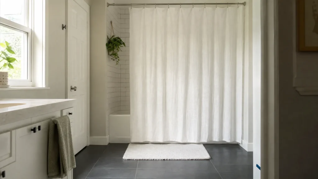 A white linen-look shower curtain hung high and wide on a tension rod