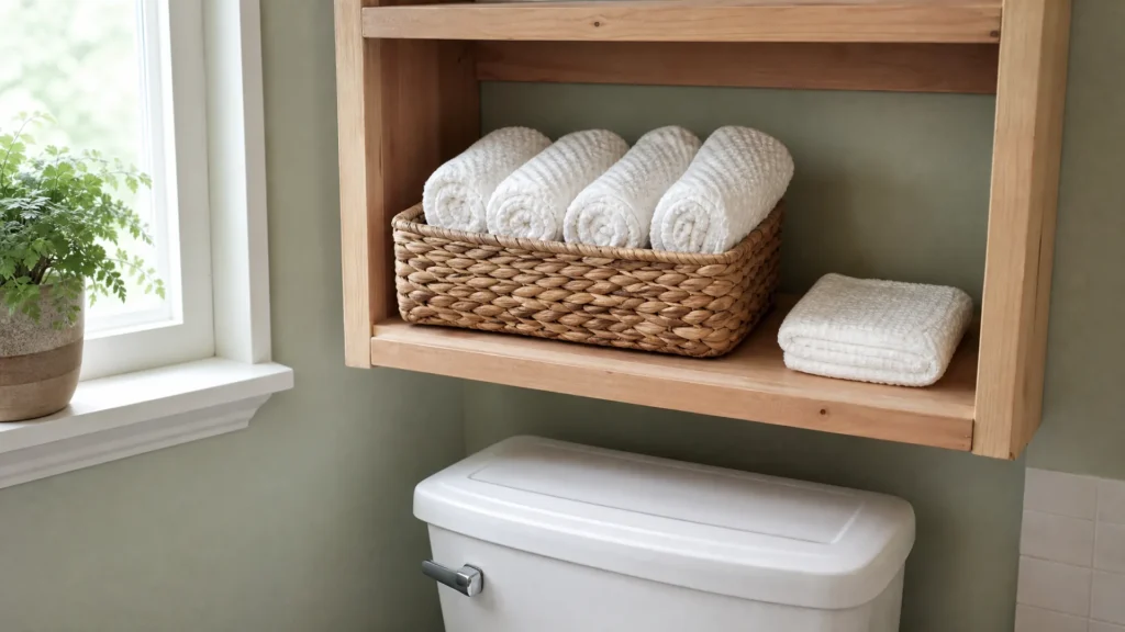 White waffle towels rolled in a basket on an open bathroom shelf with a folded hand towel