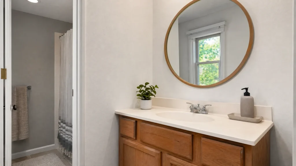 A round wood-framed mirror above a plain bathroom vanity