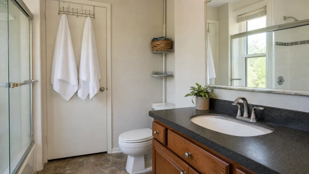 A small bathroom with over-door towel hooks, a narrow shelf and a clear floor