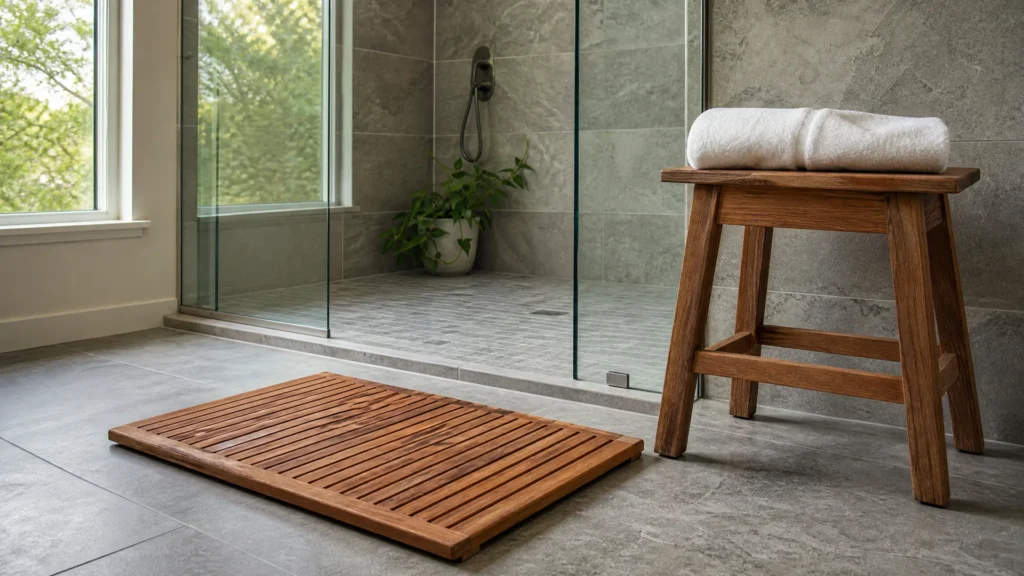 A teak bath mat and small teak stool beside a walk-in shower
