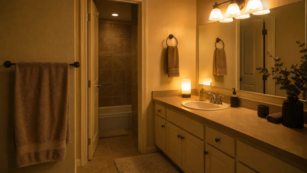 Warm 2700K bulbs glowing over a bathroom vanity in the evening