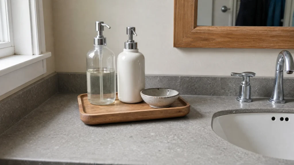 Soap, lotion and a small dish grouped on a wood tray on a bathroom vanity
