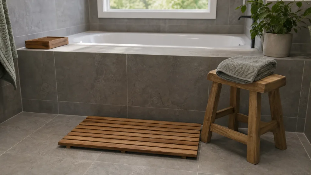 Teak bath mat and a wood stool beside a gray tile tub for warmth